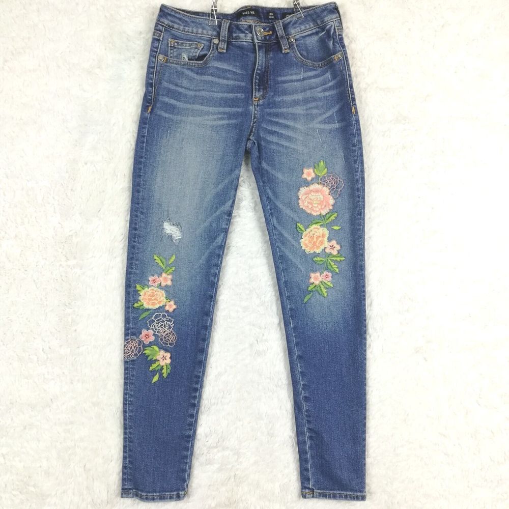 Miss‎ Me Womens Jeans Ankle Skinny Floral Embroidered Denim Blue Whiskering 26